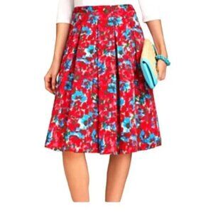 Talbots Red Blue Floral Pleated A-Line Midi Skirt Lined Cotton Womens 12W EUC